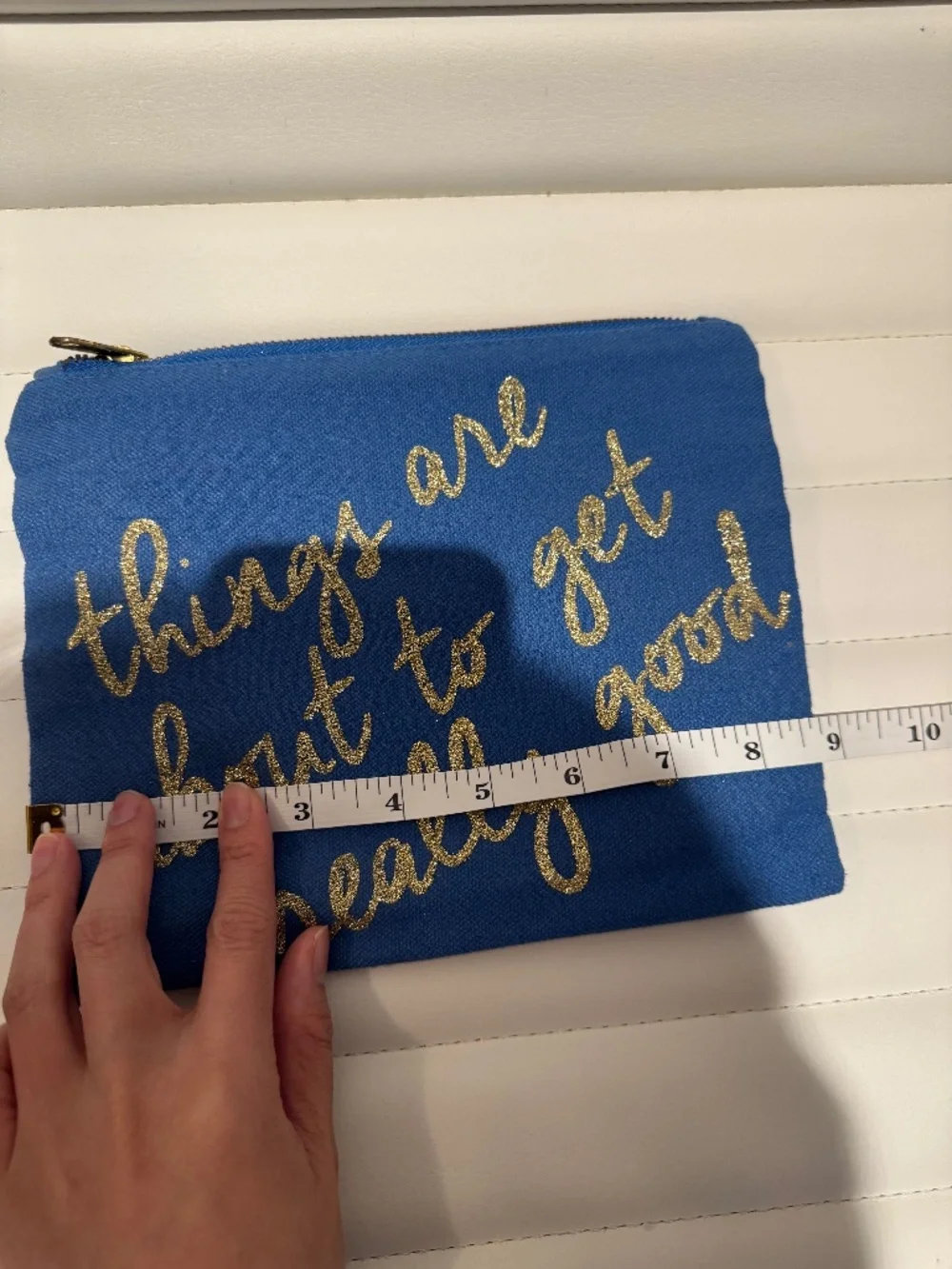 Charming Charlie Blue Canvas Makeup Bag Pouch Gold Glitter Quote Cosmetic Case